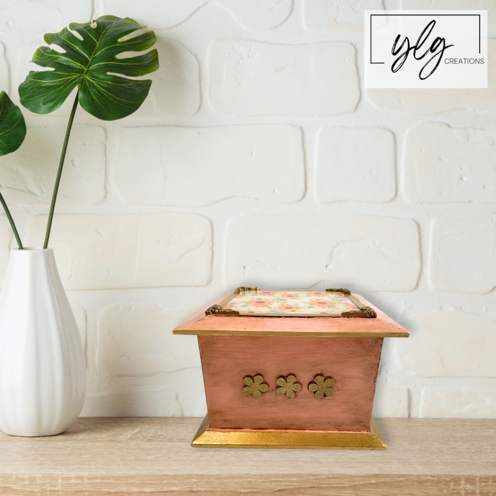 Jewelry Box Pink Gold Shabby Chic Cottage County Square Floral Wood Paint 6 x 6